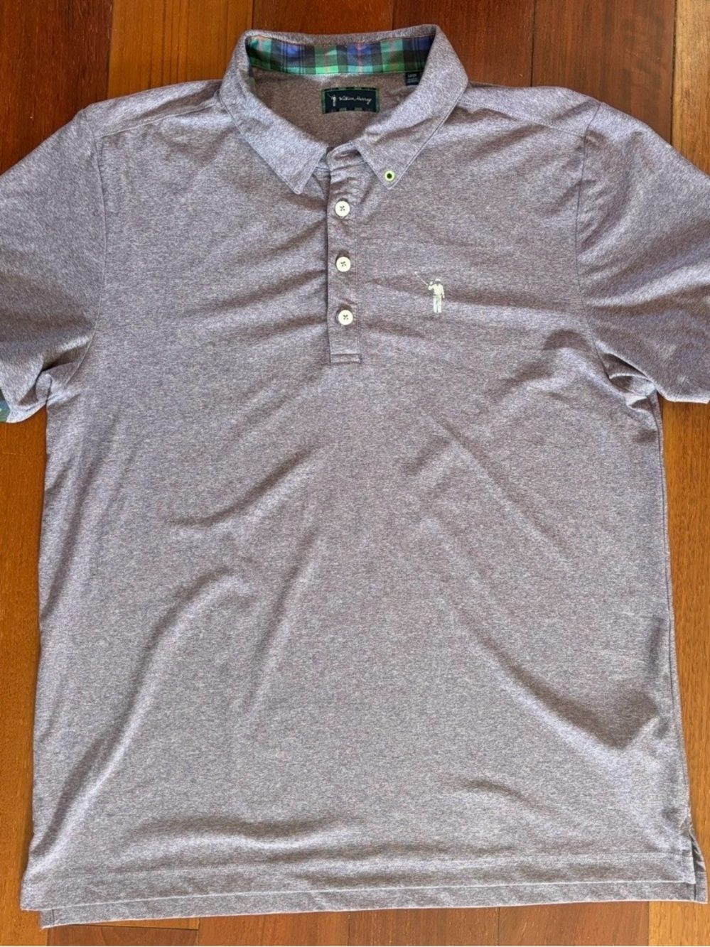 William Murray Purple Performance Golf Polo with Green Plaid Accent - L